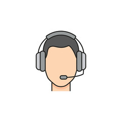 An icon illustration depicting a person's head wearing a grey headset with a microphone, symbolizing communication or customer support.