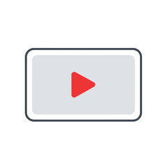 Simple, flat design of a rectangular video player icon with a red play button.