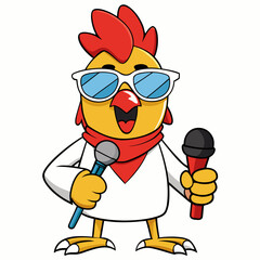 Obraz premium Cartoon rockstar chicken holding microphones isolated on white background