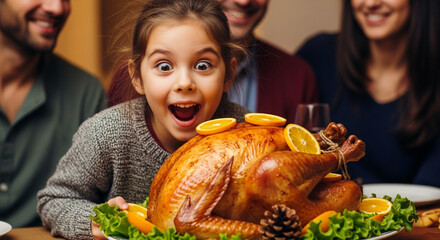 Cute kid enjoying a healthy Thanksgiving holiday friendsgiving potluck turkey dinner with family