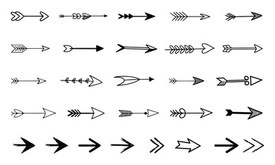 Naklejka premium Collection of diverse hand drawn arrows in a variety of styles and designs on a white background