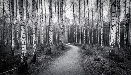 Naklejka premium a monochrome path winding through a dense birch forest with tall trees and a serene atmosphere
