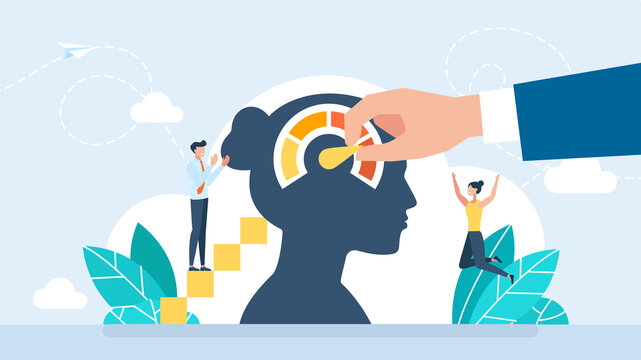 Risk level or stress anxiety meter, danger indicator or scale, red alert meter, businesswoman pull meter to reduce risk or stress level. Flat illustration