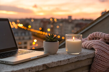 Cozy evening work session on a balcony with city lights and a warm candle