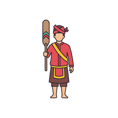 Illustration of a man in traditional Indonesian clothing holding a decorated paddle, standing upright against a white background.