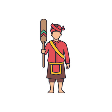 Illustration of a man in traditional Indonesian clothing holding a decorated paddle, standing upright against a white background.