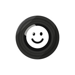 Black circular icon with a white happy face graphic design.