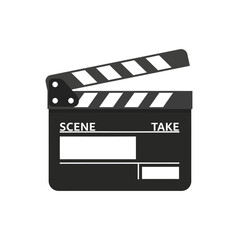 Classic film clapperboard, open, ready for action, scene and take labels.