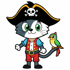 Naklejka premium Cute cartoon cat pirate with parrot isolated on white background