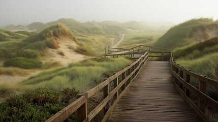 Coastal path through sand dunes, wooden boardwalk, foggy morning light serene, earthy tones