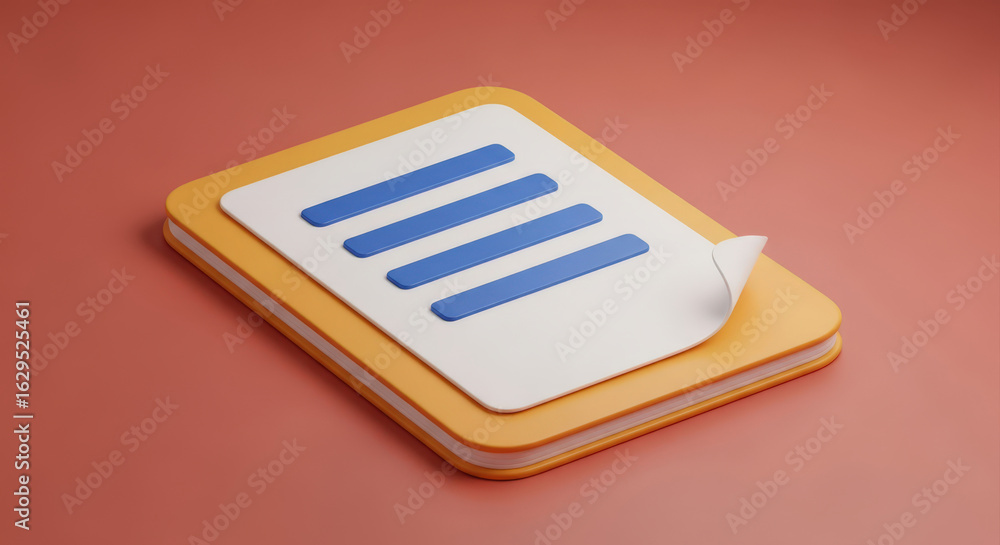 Aufkleber a stylized 3d render of a document stack with a curled page corner, featuring blue lines on a white 