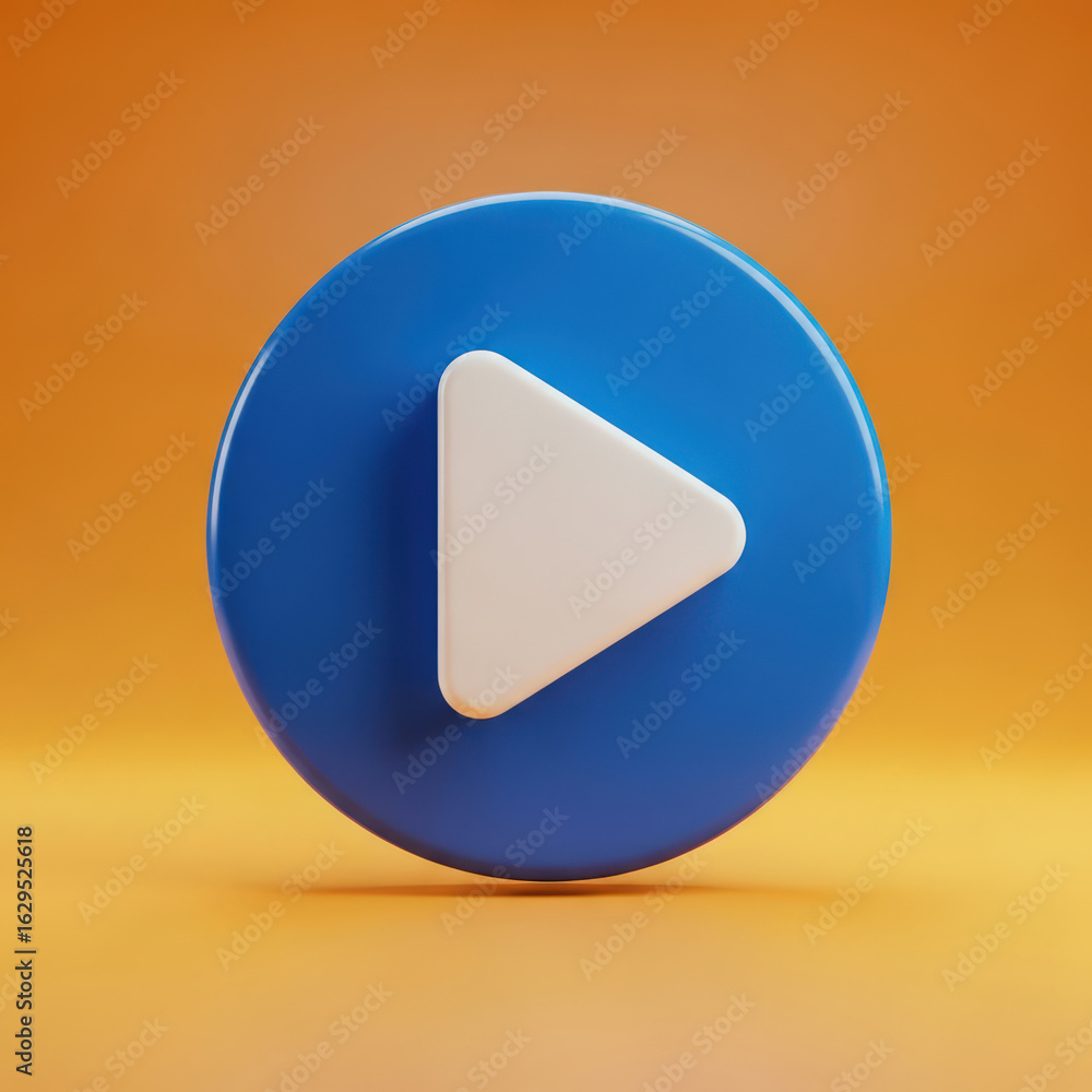 Poster blue play button icon on orange background representing media playback, entertainment, streaming, an