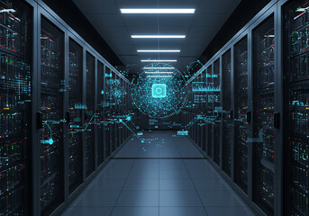 Futuristic Data Center Server Room with Digital Network Visualization.