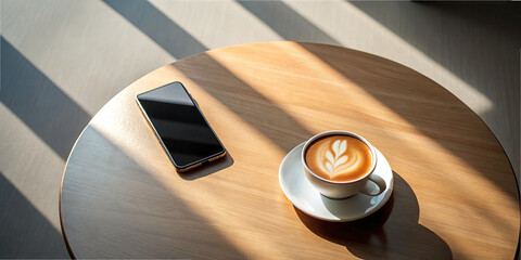 A warm cup of coffee sits in a white saucer beside a smartphone on a wooden table, illuminated by soft sunlight streaming through the window in the afternoon