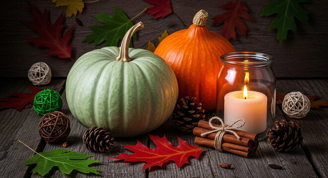 Thanksgiving holiday friendsgiving pumpkin with colorful fall leaves still life - Powered by Adobe