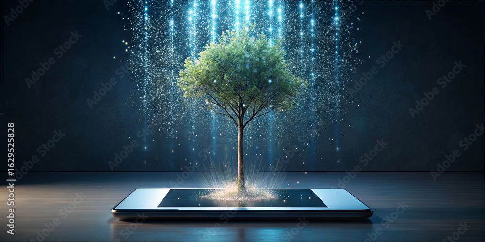 Poster a virtual tree emerges from a smartphone screen, surrounded by sparkling light particles in a dark s