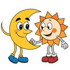 Fototapeta premium Cartoon sun and moon characters shaking hands isolated on white background