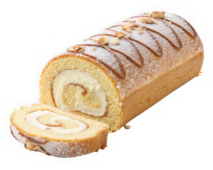 Swiss roll cake with cream filling and powdered sugar, isolated on transparent background