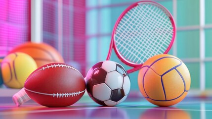 Energetic mix of tennis basketball football and soccer gear reflecting the diversity of modern sports culture