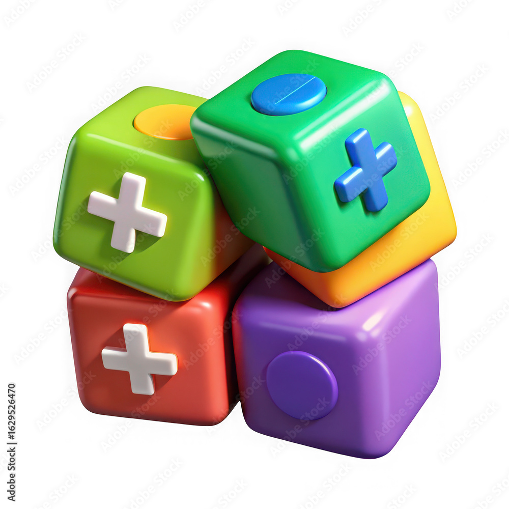 Poster colorful math cubes with plus and circle symbols isolated on transparent background
