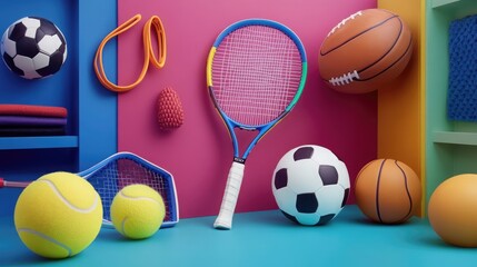 Collection of vibrant gear including tennis racket basketball football and soccer ball symbolizing sports diversity