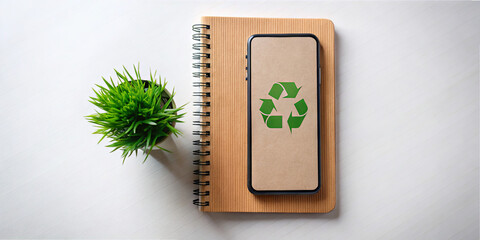 A mobile phone rests on a wooden notebook featuring a recycle symbol. Beside it, a vibrant green plant adds a touch of nature to the workspace, promoting eco-friendliness