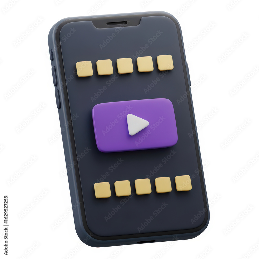 Poster smartphone displaying a video playback interface with a play button, representing mobile entertainme