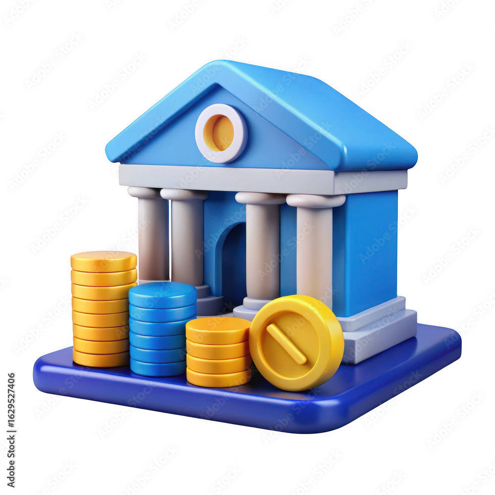 Poster 3d bank building with stacks of coins isolated on transparent background
