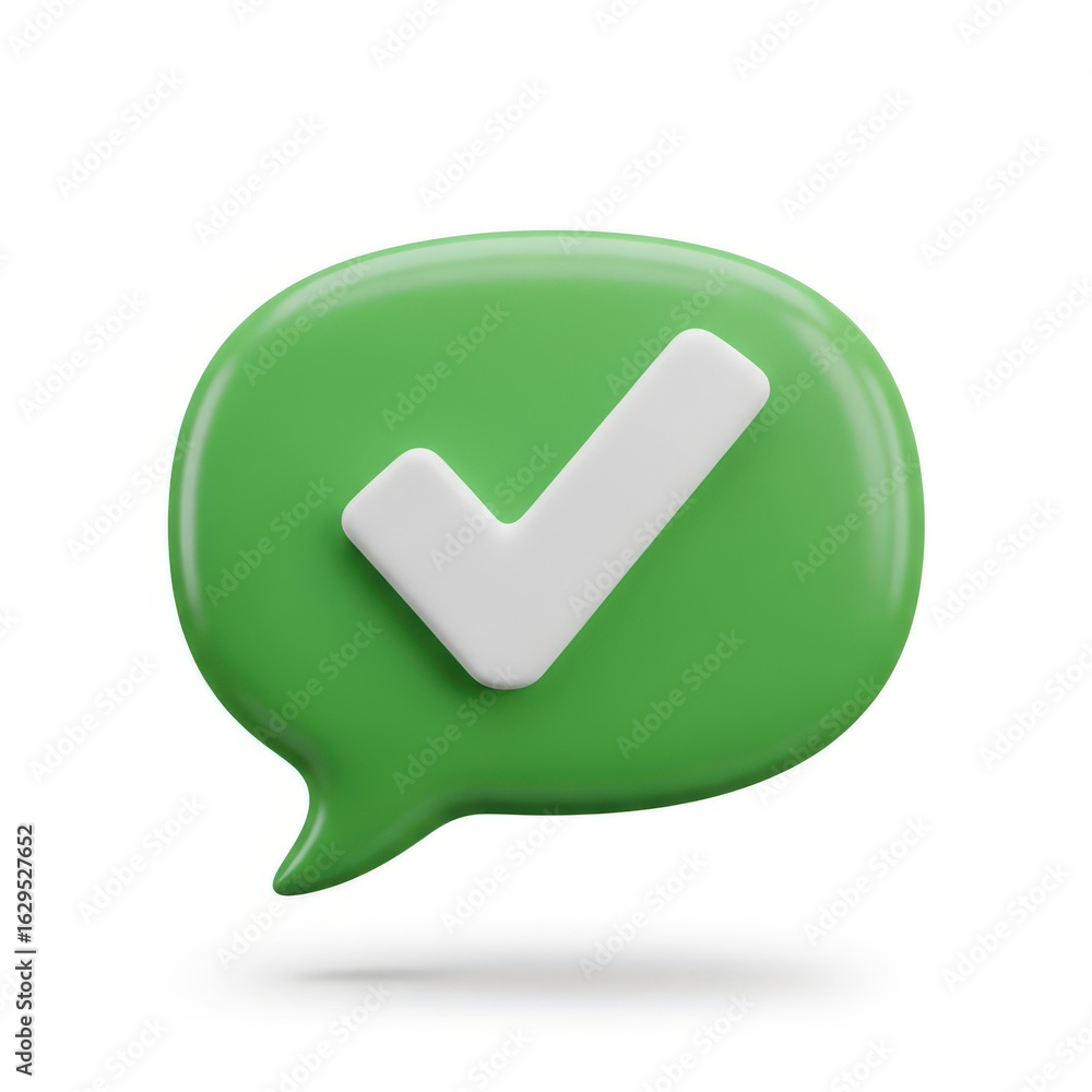 Poster green speech bubble with check mark a confirmation icon for messaging and approval notifications iso
