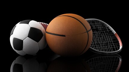 Variety of sports gear with basketball football tennis and soccer items placed to represent competition and athletic diversity