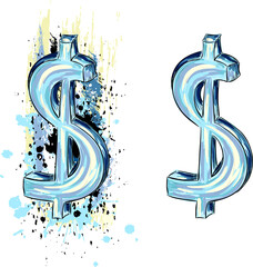 Dollar currency symbols. Colorful hand drawn vector illustration. Isolated design element.