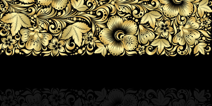 Golden floral decoration. Khokhloma painting. Vector ornamental background.