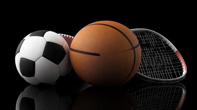 Variety of sports gear with basketball football tennis and soccer items placed to represent competition and athletic diversity
