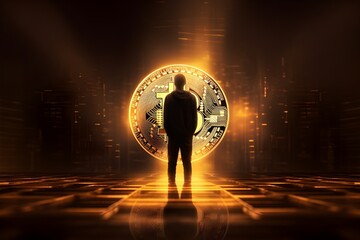 Abstract image of a person's silhouette holding a glowing cryptocurrency token