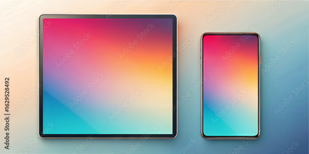 Poster two sleek devices are positioned on a soft surface, showcasing vibrant gradient backgrounds that tra