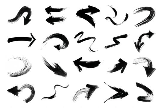 Set of 28 stylized, hand-drawn arrows in varying directions, light gray on black
