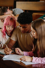 Group of Students Collaborating Together on Academic Work in a Classroom