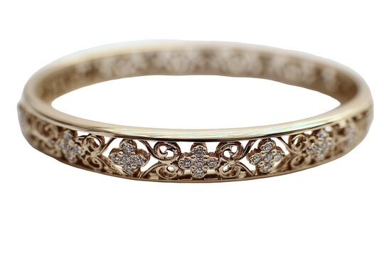 Gold band ring with intricate floral filigree and small diamonds
