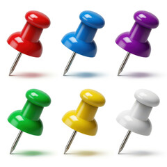 A Collection of Colorful Push Pins Arranged on a White Background Displaying a Variety of Colors and Providing a Clear and Detailed View of Each Pin's Design and Shadow