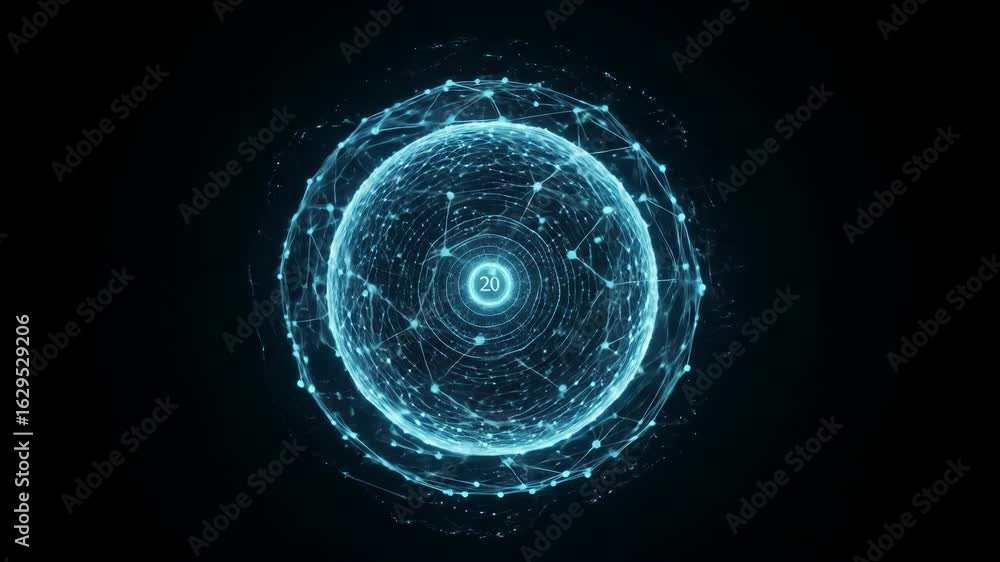 Poster abstract glowing sphere of connected digital particles on black background highlighting network comm