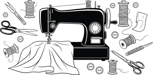Vintage sewing machine with threads, scissors, and buttons art