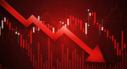 Dramatic Stock Market Crash Visualization with Red Arrow and Candlestick Chart Representing Economic Downturn and Financial Crisis on a Dark Red Background
