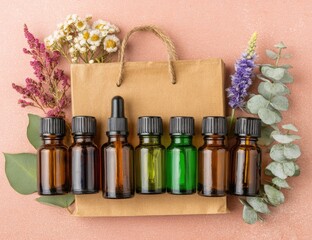Small brown paper bags, dropper bottles, and flowers on a pink surface