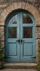 Obraz premium Discover charming vintage teal double doors set within a rustic stone archway, inviting exploration.