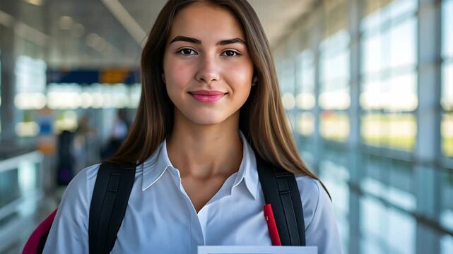 Student holding a boarding pass and smiling brightly in an airport terminal, eagerly anticipating departure for an exciting journey
