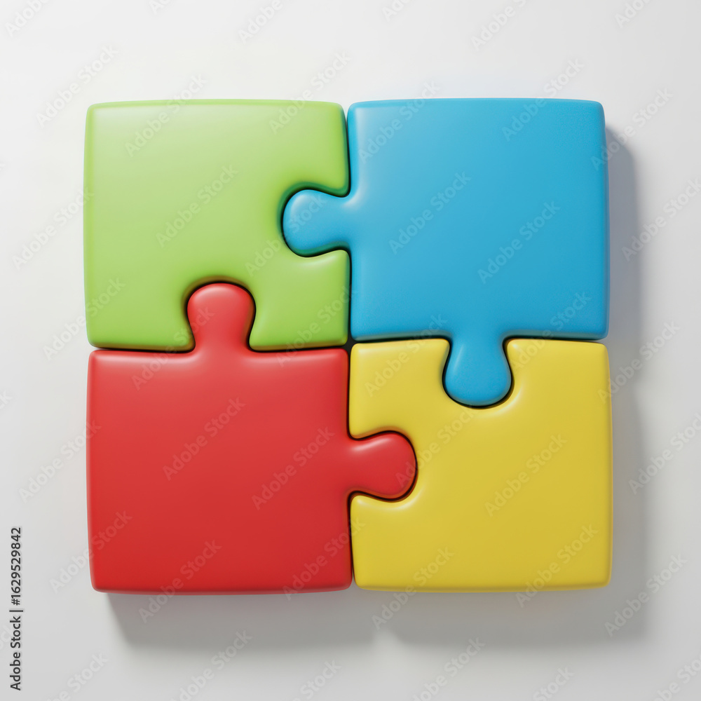 Poster four interlocking puzzle pieces in vibrant colors, symbolizing teamwork and collaboration, arranged 