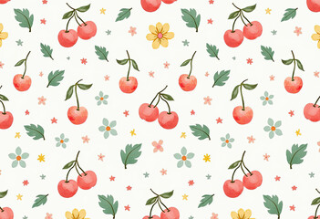 A cheerful and sweet seamless summer pattern featuring cute, hand-drawn red cherries and simple flowers on a light, playful background for a retro, nostalgic vibe.
