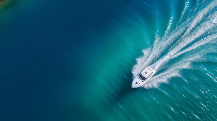 Aerial view of a white speedboat cutting across the deep turquoise waters, leaving symmetrical ripples and trails in its wake drone shot, speedboat, calm lake, ripple effect, minim