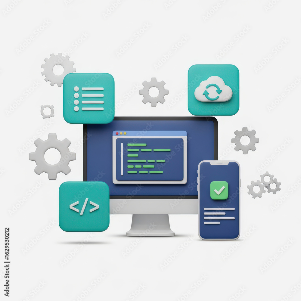 Poster software development scene with computer, phone, and floating icons representing coding, cloud servi