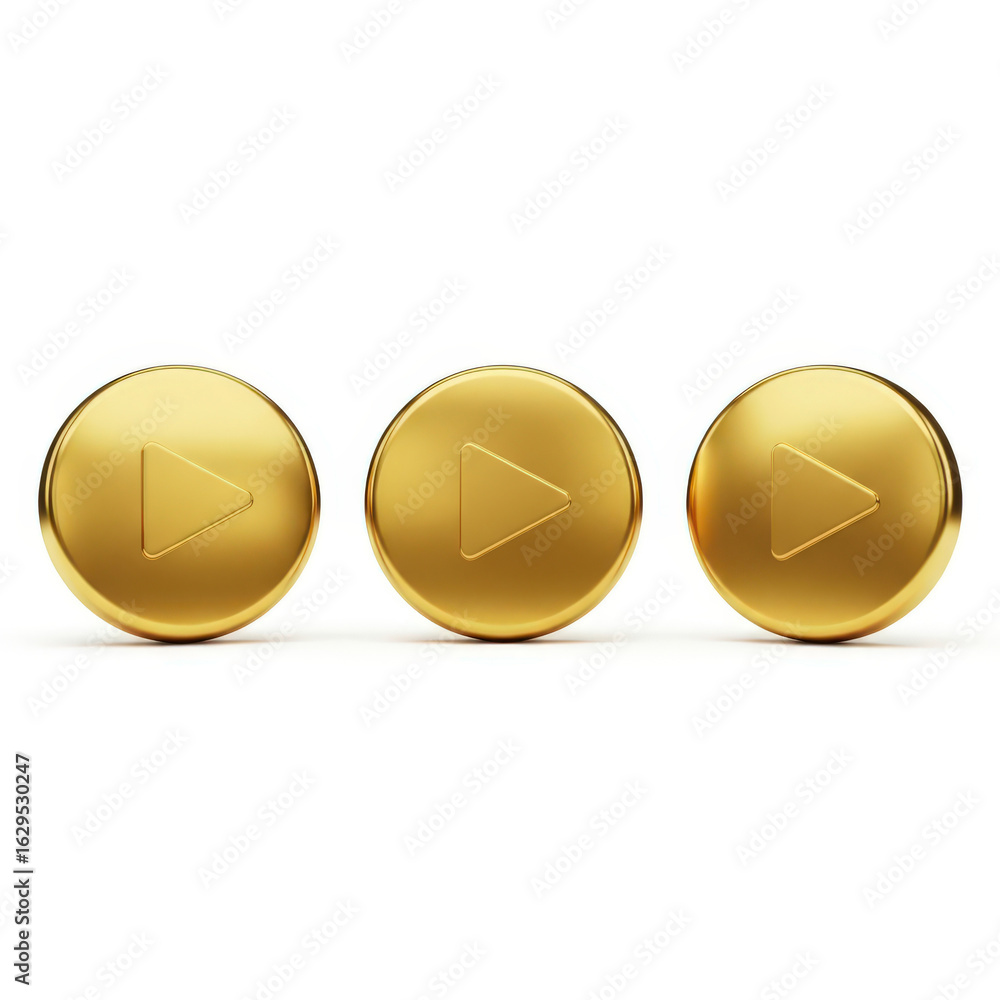 Poster gleaming golden play buttons in a row, a 3d render symbolizing entertainment and media, perfect for 